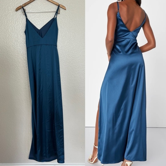 Delightful Allure Dark Blue Satin Pleated Backless Maxi Dress - Picture 3 of 8